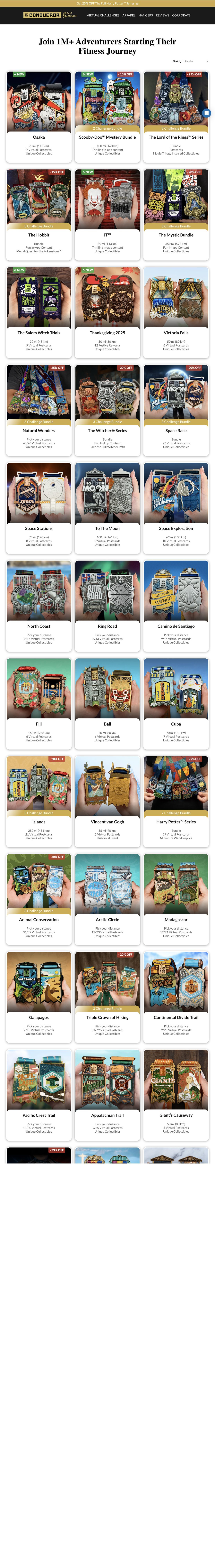 The Conqueror — redesigned All Challenges page: real photos, dark cards, social proof and merchandising