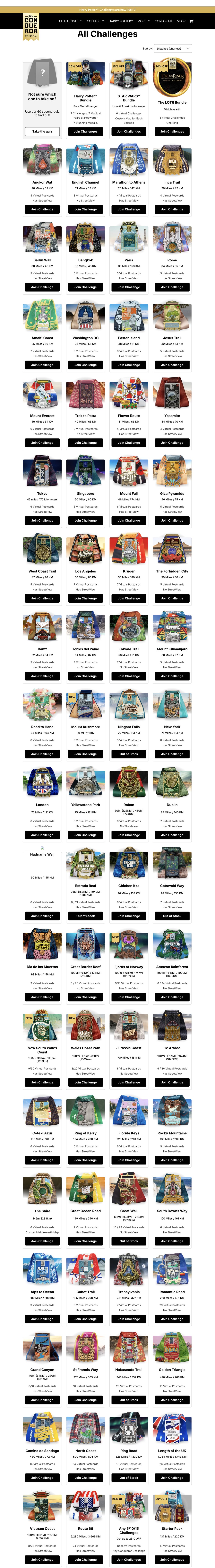 The Conqueror — old All Challenges page: a flat grid of medal thumbnails on white