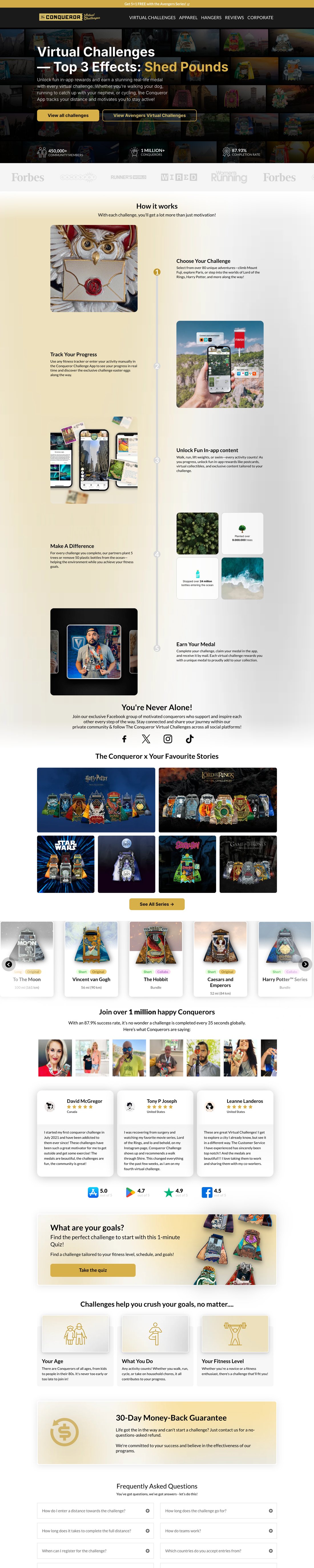 The Conqueror — redesigned homepage: clear pitch, how-it-works, social proof, a few featured challenges