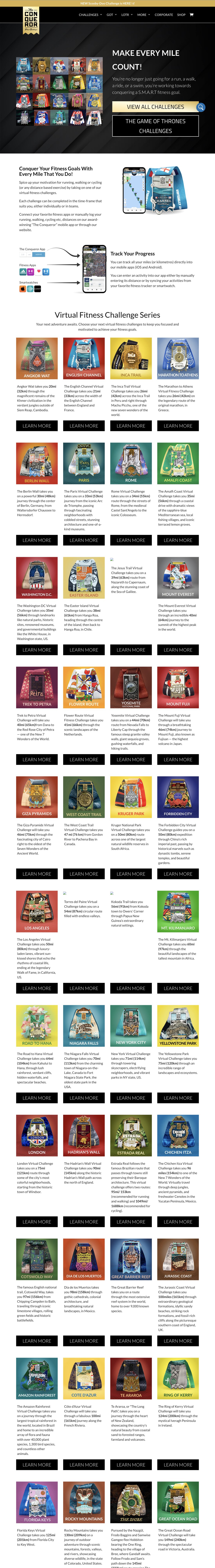 The Conqueror — old homepage: a dense grid of 60+ challenge cards with no clear order