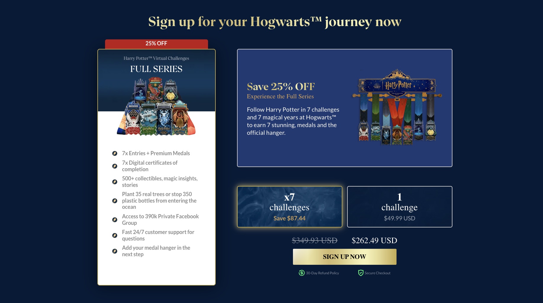 The Conqueror — redesigned pricing step: one plan selector with seven challenges or one, a single price and one sign-up button