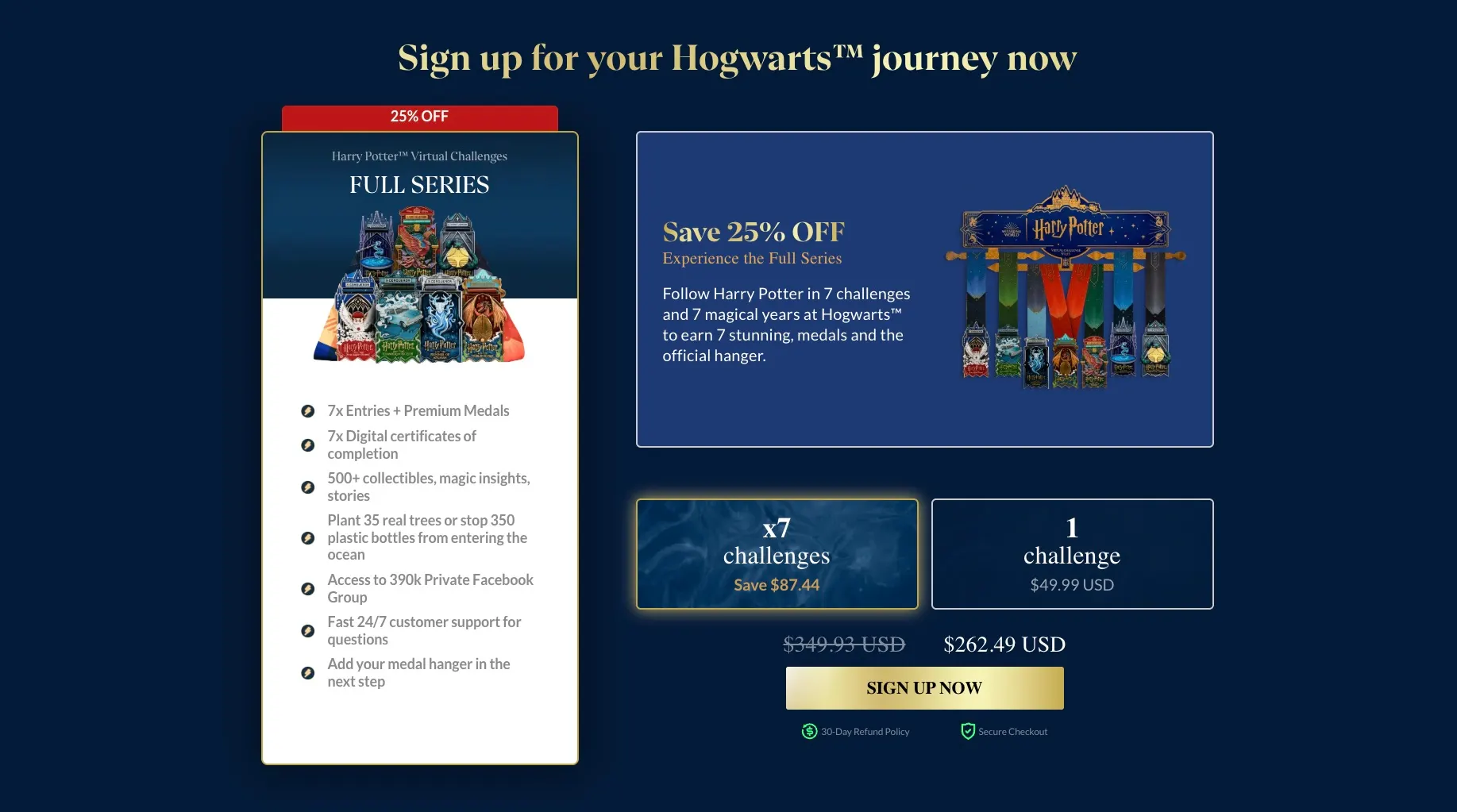 The Conqueror — redesigned pricing step: one plan selector with seven challenges or one, a single price and one sign-up button