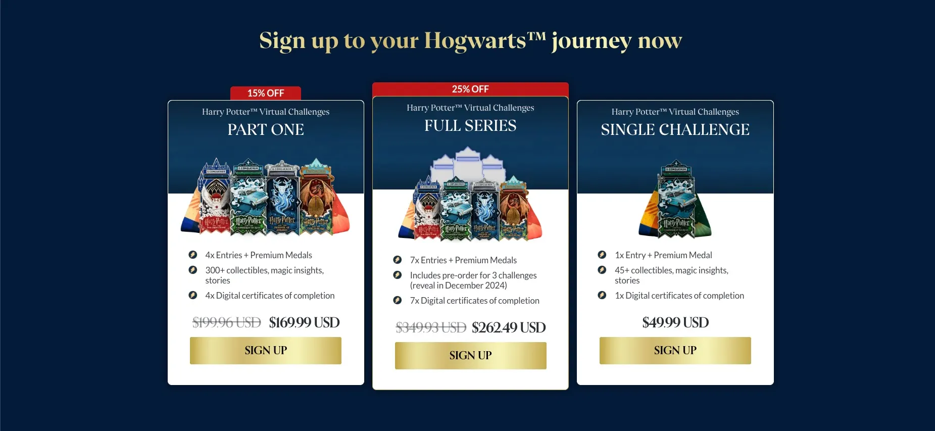 The Conqueror — old pricing step for the Harry Potter Virtual Challenges: three plans in three tables, Part One, Full Series and Single Challenge, each with its own sign-up button