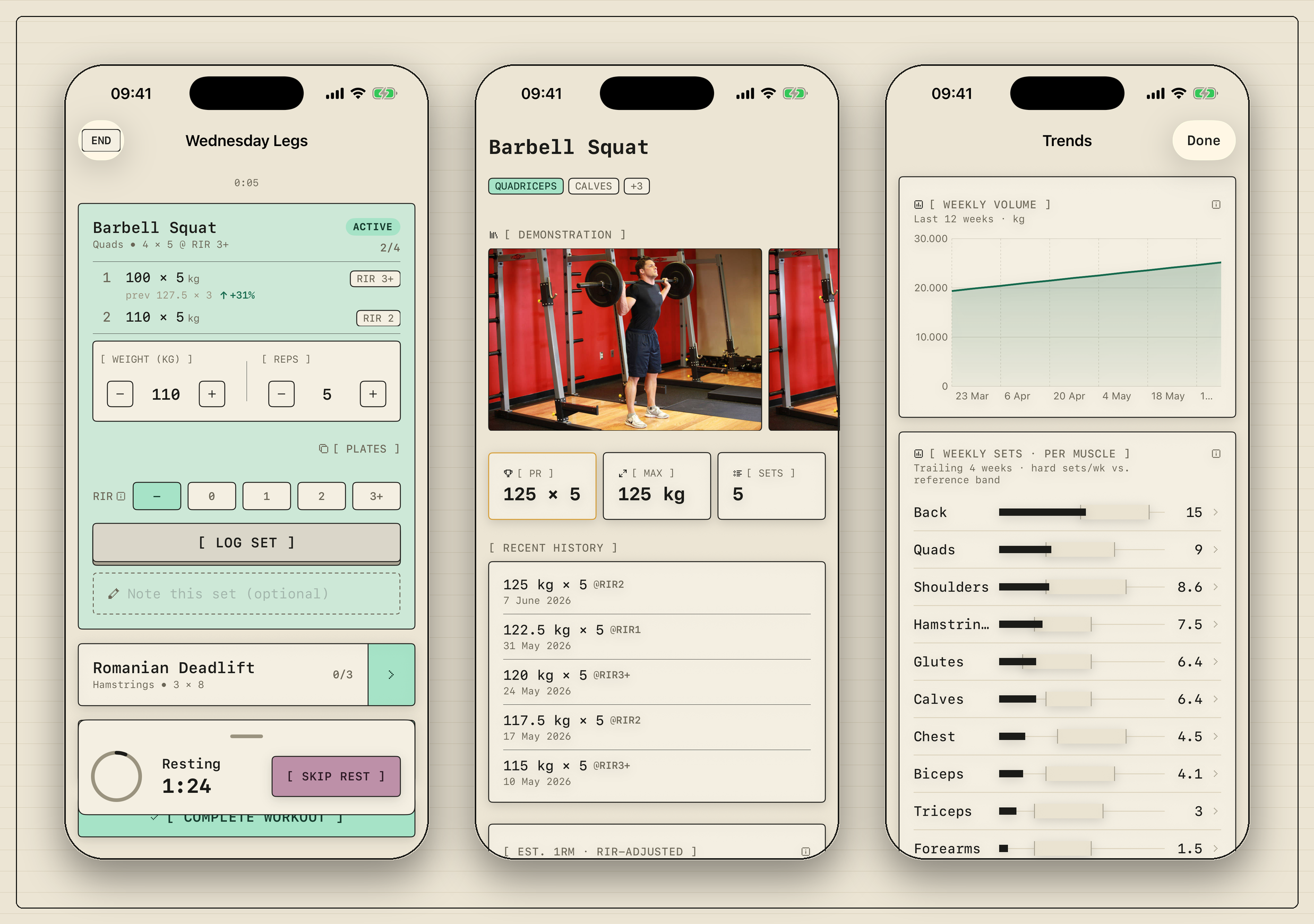 Notch — the logging screen, an exercise's history with its estimated-max trend, and the trends view