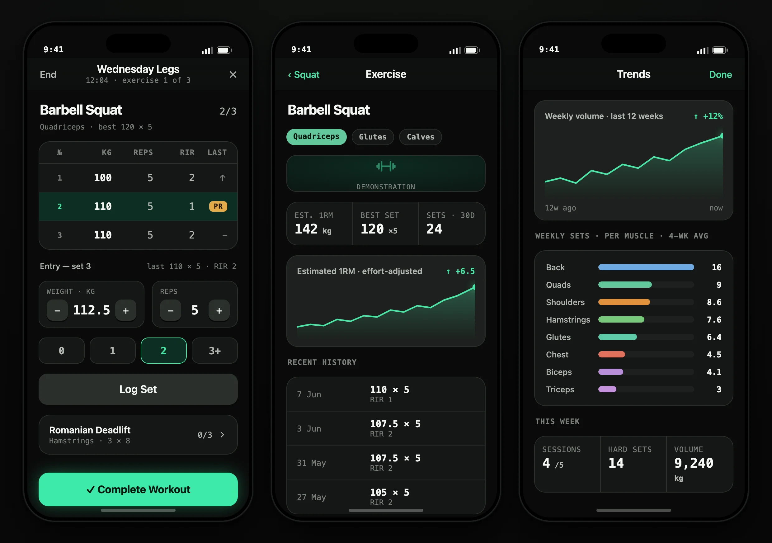 Notch — the logging screen, an exercise's history with its estimated-max trend, and the trends view, in the dark OBSIDIAN interface