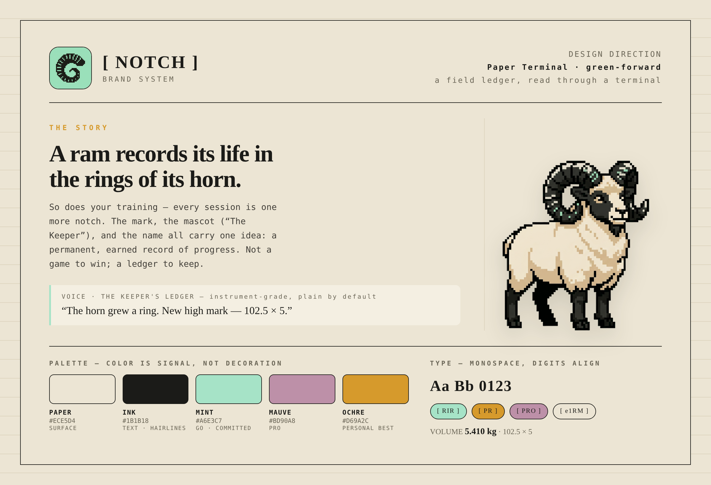 Notch brand system — horn mark, The Keeper mascot, palette, type and voice