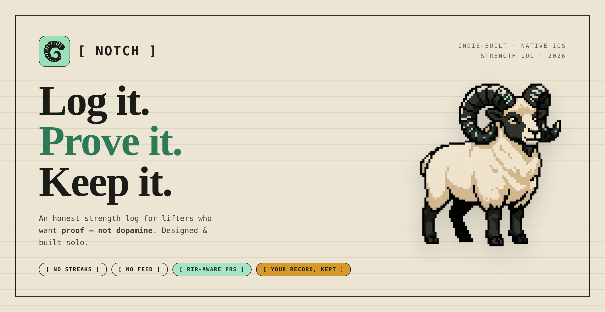 Notch — Log it. Prove it. Keep it. A native iOS strength log with The Keeper ram mascot and brand tags: no streaks, no feed, RIR-aware PRs, your record kept